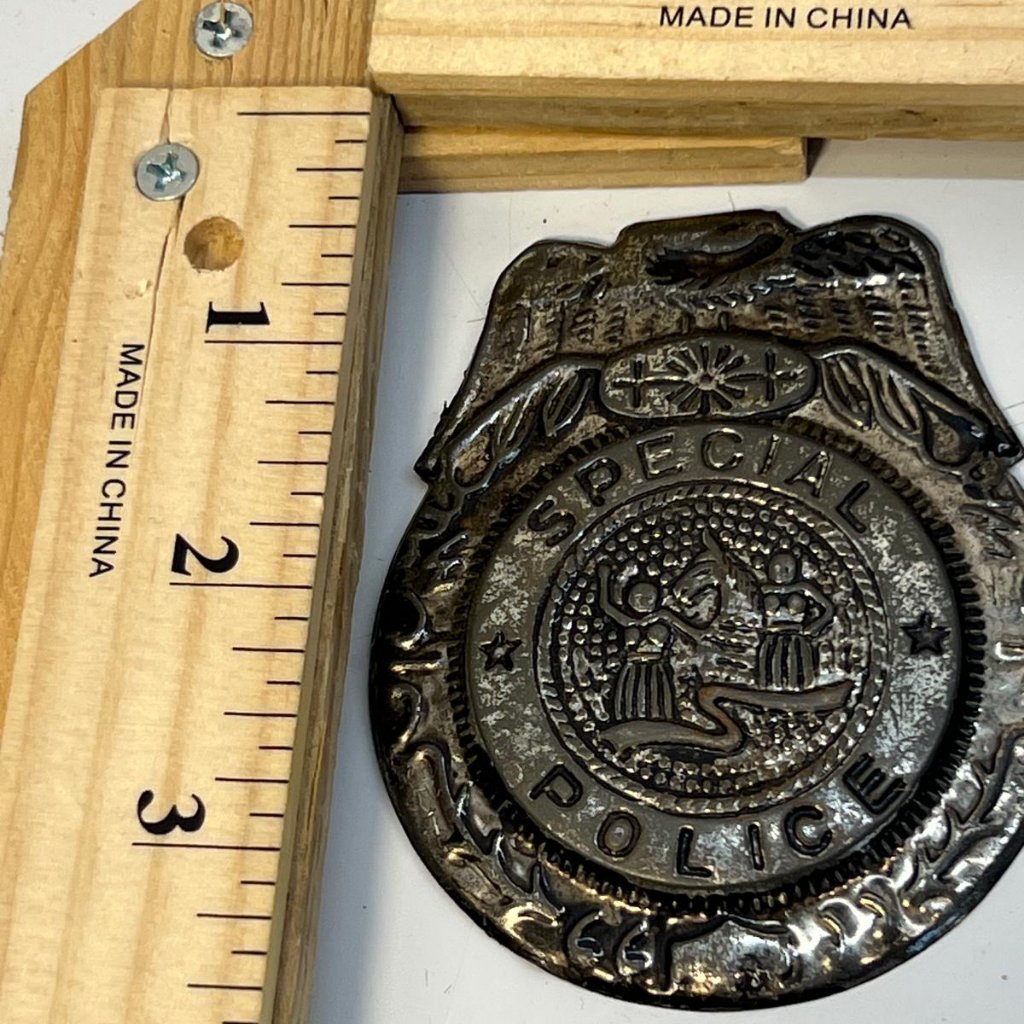 Vintage Special Police Badge Silver Black Tone Metal Novelty Pin Back 2.5”